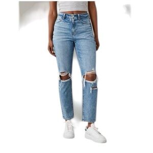 American Eagle Strigid Ripped Mom Jeans High Rise Distressed Straight Leg